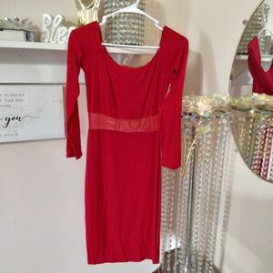 Heart & Hips Red Long-Sleeve Bodycon Dress with Sheer Waist